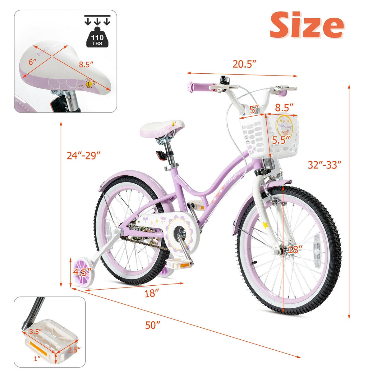 18 Inch Kids Adjustable Bike with Training Wheels-Purple view 4