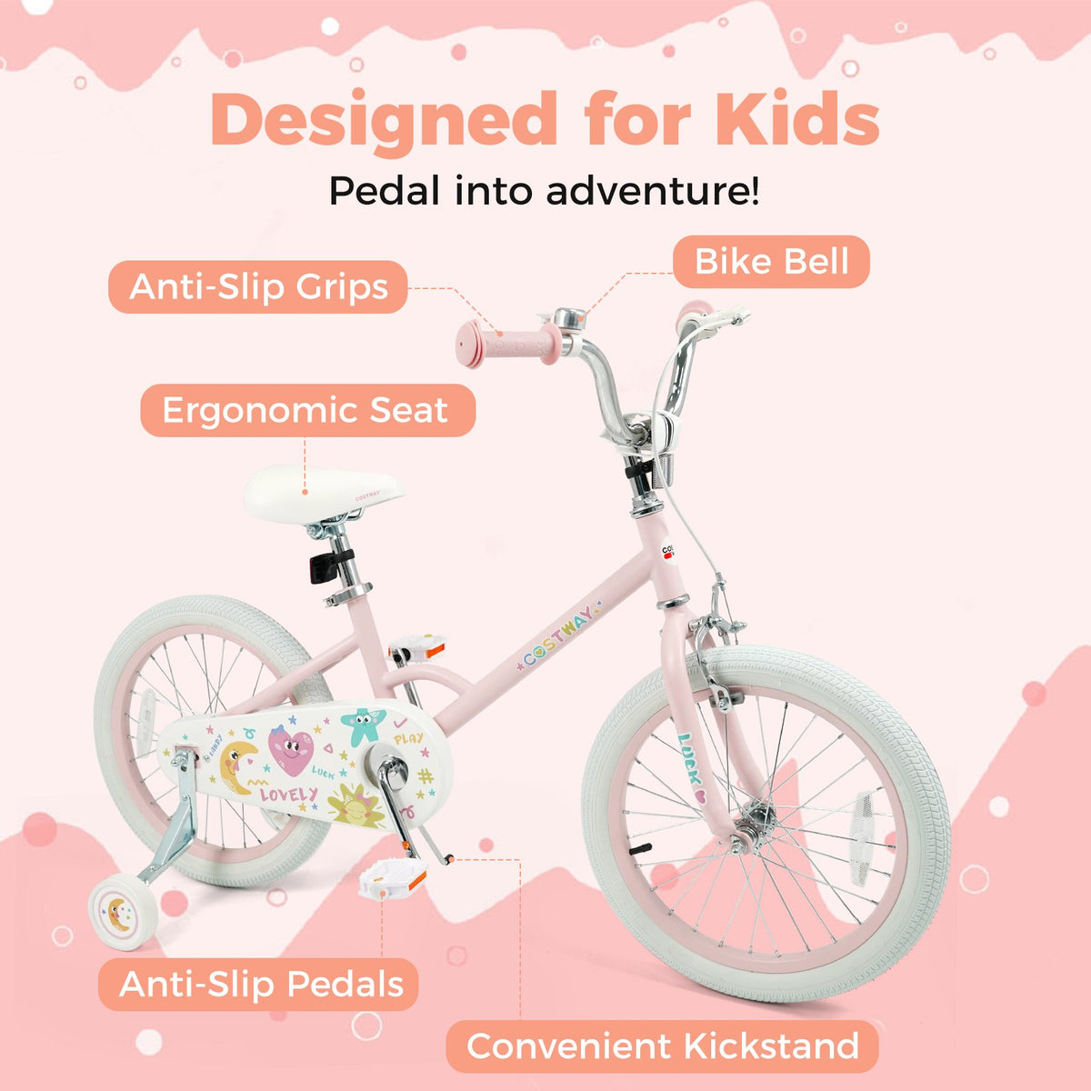 18 Inch Kids Bike Adjustable for 3-8 Years Old Children Pink - Stars & Moon view 5