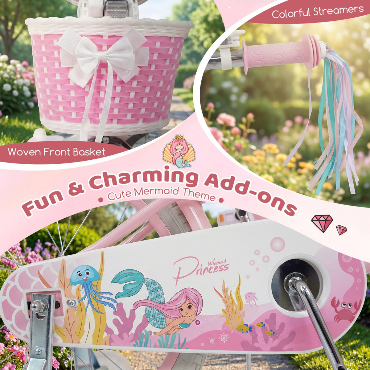 18-Inch Kids Bike Adjustable with Basket and Streamers Pink - Princess of the Sea Theme view 8