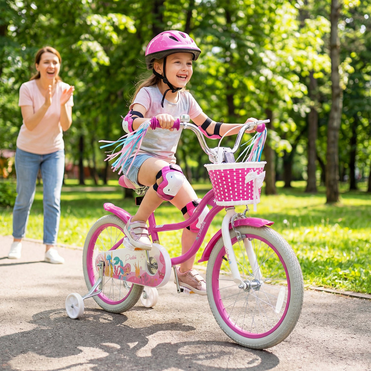 18-Inch Kids Bike Adjustable with Basket and Streamers Rose Red - Princess of the Sea Theme view 2