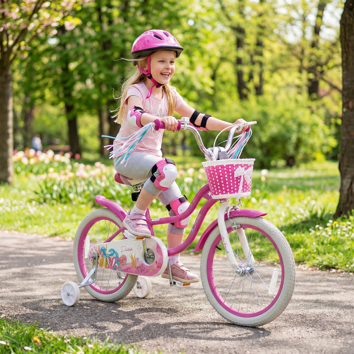 18-Inch Kids Bike Adjustable with Basket and Streamers Rose Red - Princess of the Sea Theme view 3
