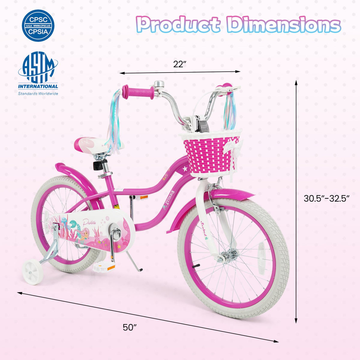 18-Inch Kids Bike Adjustable with Basket and Streamers Rose Red - Princess of the Sea Theme view 4
