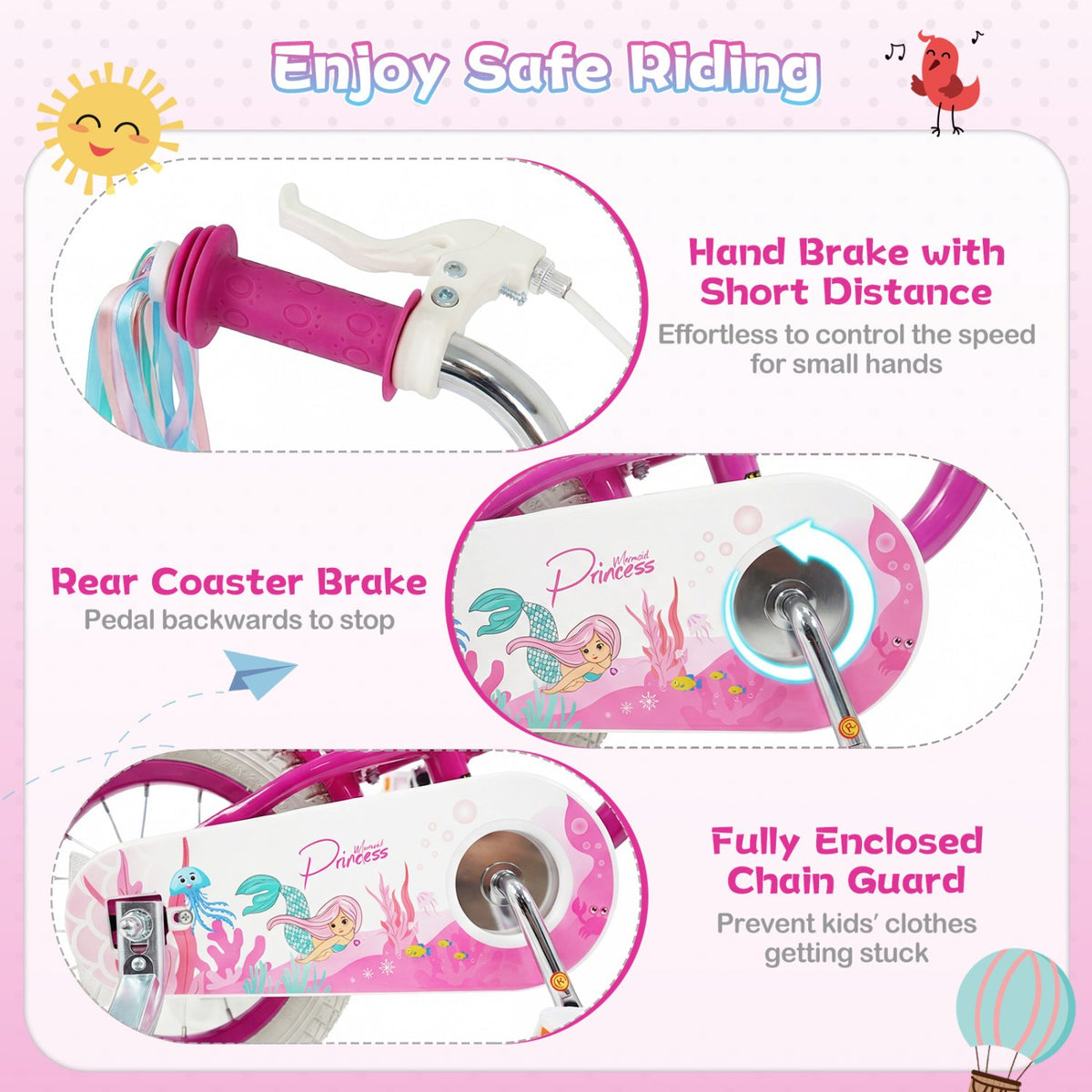 18-Inch Kids Bike Adjustable with Basket and Streamers Rose Red - Princess of the Sea Theme view 8