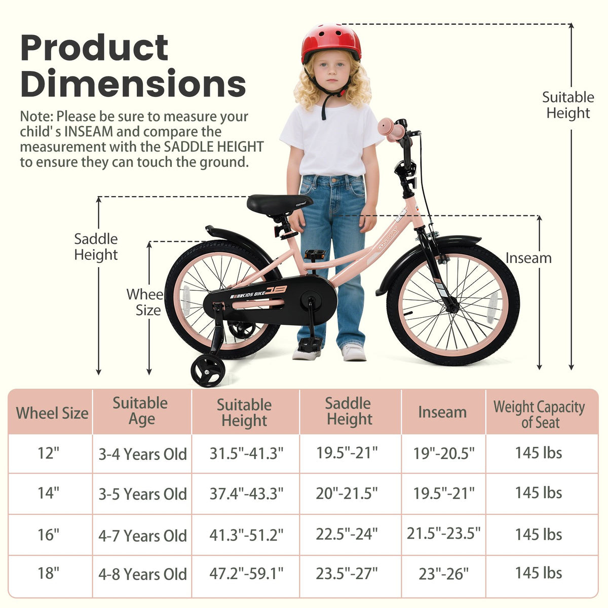 12/14/16/18 Inch Kids Bike Adjustable with Removable Training Wheels Pink for 3-8 Years Old-18 inches view 4