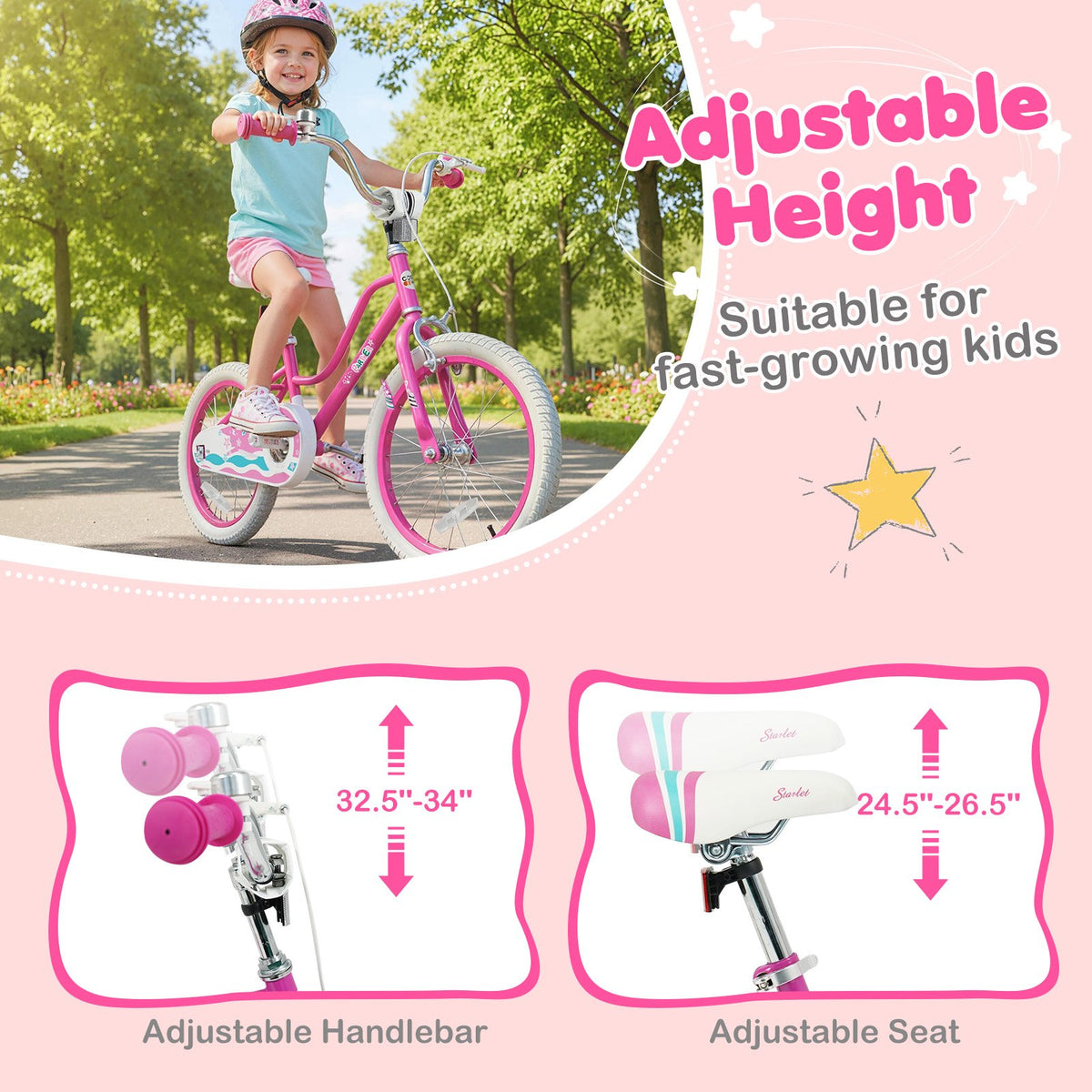 18 Inch Kids Bike for Aged 3-8 Years Old with Adjustable Handlebar Pink- Starlight Wave view 9