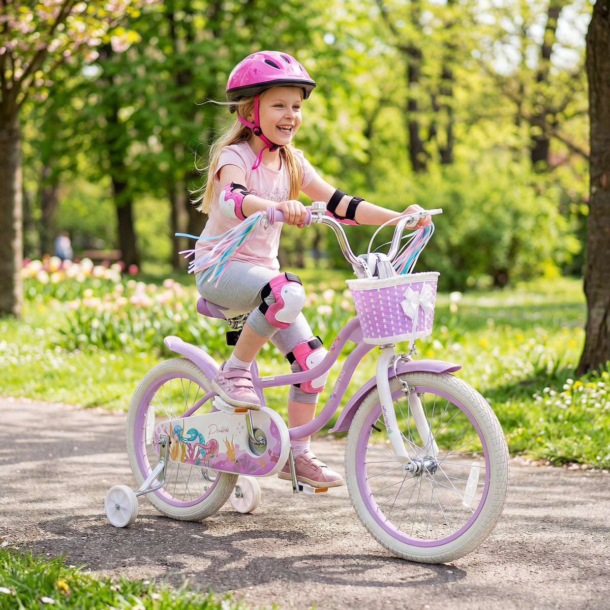 18-Inch Kids Bike Adjustable with Basket and Streamers Purple - Princess of the Sea Theme view 3
