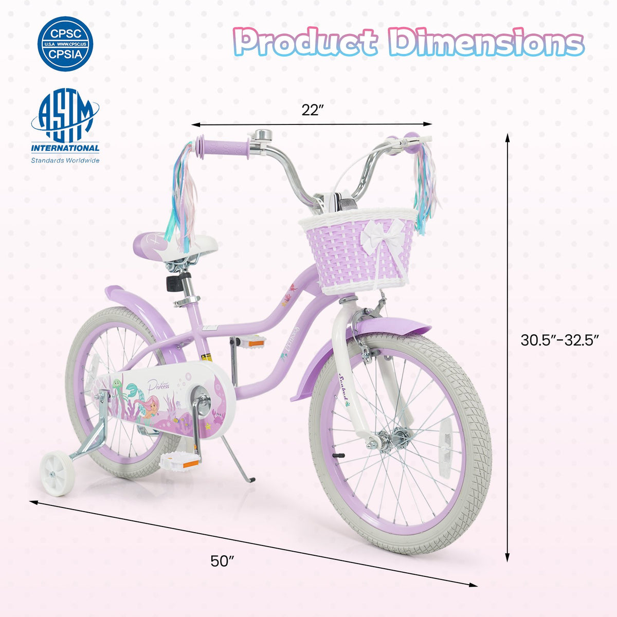 18-Inch Kids Bike Adjustable with Basket and Streamers Purple - Princess of the Sea Theme view 4