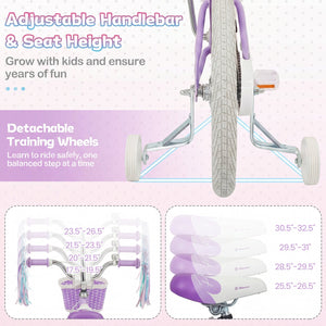 18-Inch Kids Bike Adjustable with Basket and Streamers Purple - Princess of the Sea Theme view 6