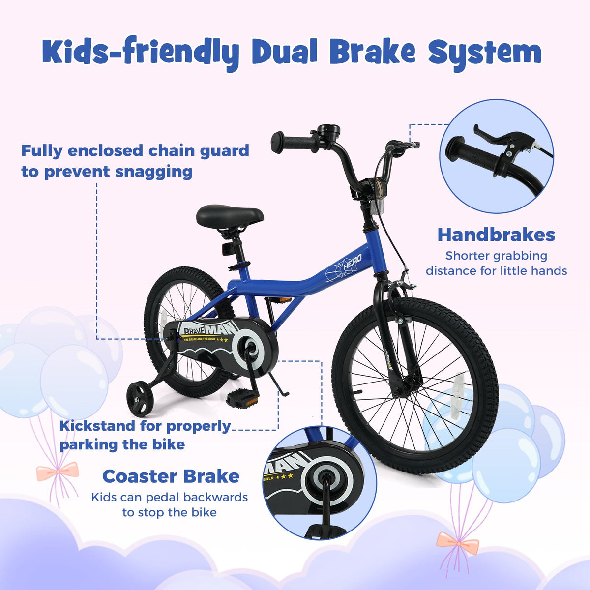 18-Inch Kids Bike with Removable Training Wheels Navy - Brave Hero view 6