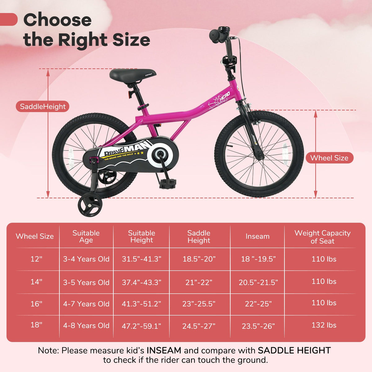 18-Inch Kids Bike with Removable Training Wheels Pink-Brave Hero view 4