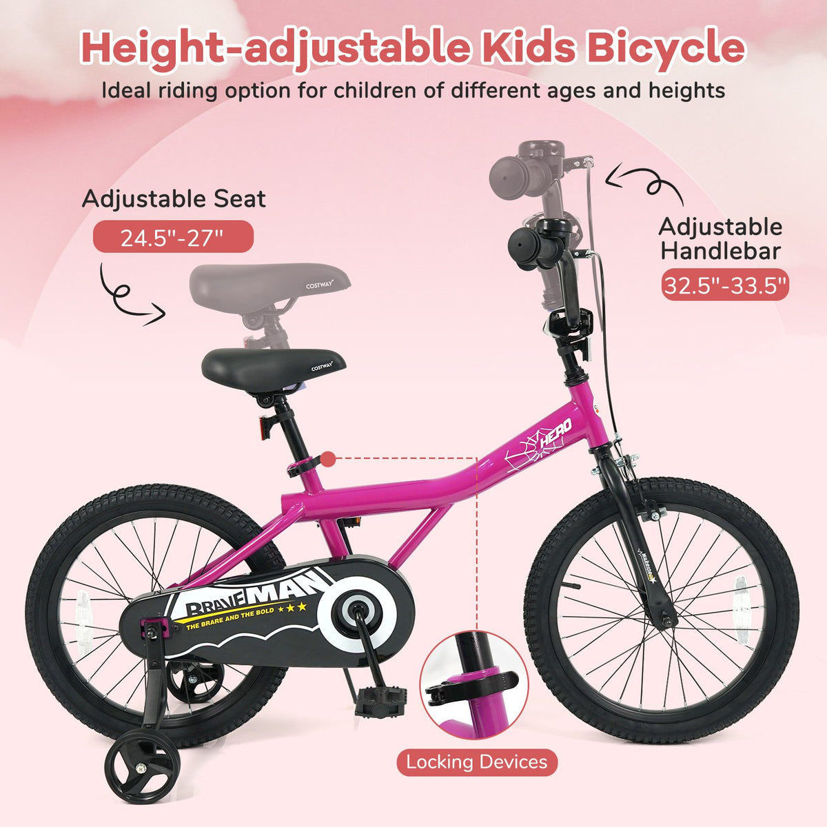 18-Inch Kids Bike with Removable Training Wheels Pink-Brave Hero view 6