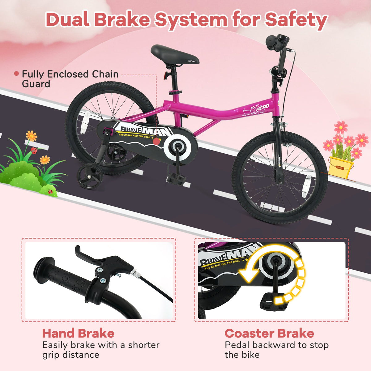 18-Inch Kids Bike with Removable Training Wheels Pink-Brave Hero view 7
