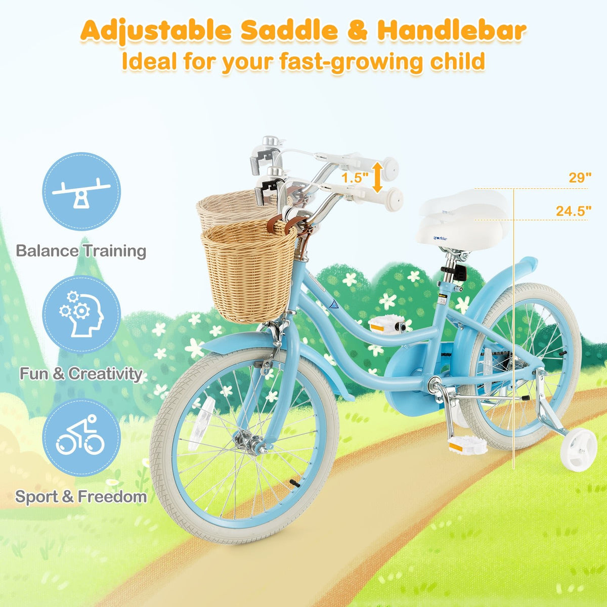 18-Inch Kids Bike with Training Wheels and Adjustable Handlebar Seat-Blue view 6