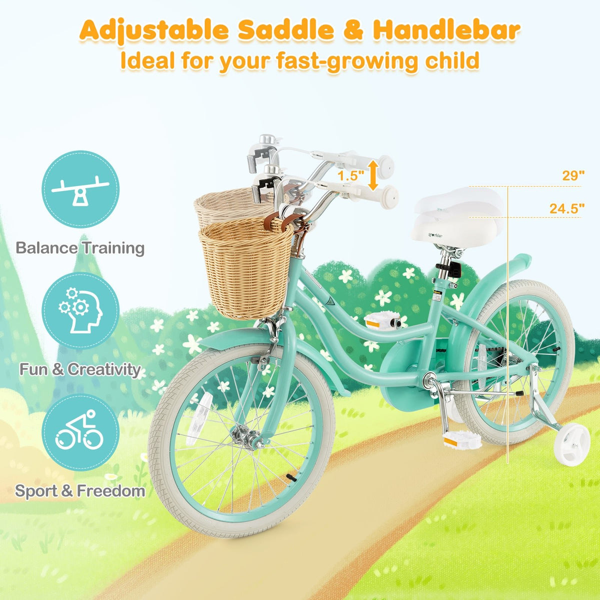 18-Inch Kids Bike with Training Wheels and Adjustable Handlebar Seat-Green view 6