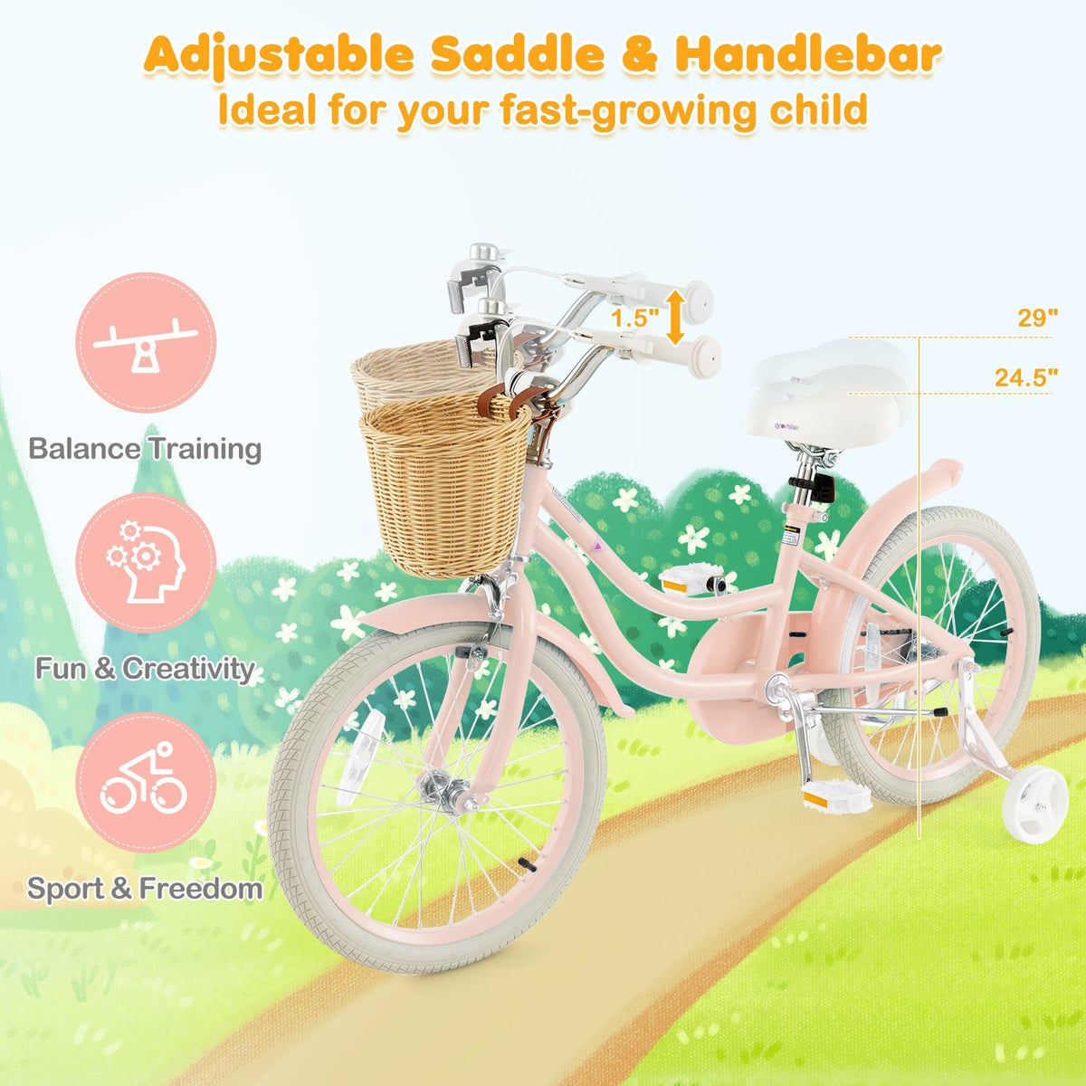 18-Inch Kids Bike with Training Wheels and Adjustable Handlebar Seat-Pink view 6