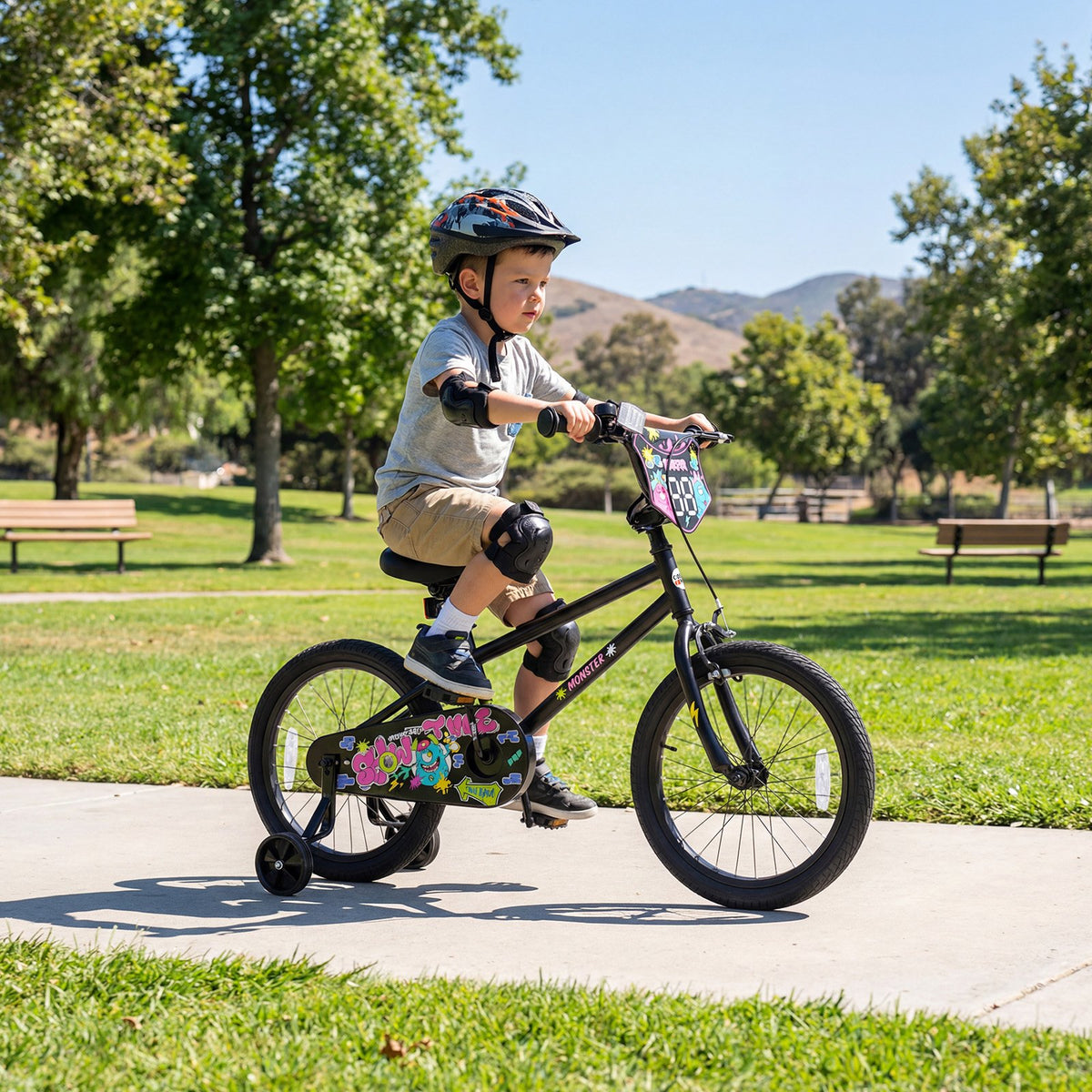 18 Inch Kids Bike with Training Wheels for Ages 4-8 Years Old Black- Street Art Time view 2