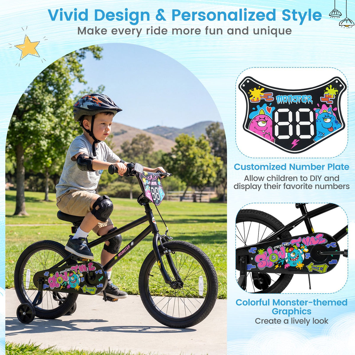 18 Inch Kids Bike with Training Wheels for Ages 4-8 Years Old Black- Street Art Time view 8