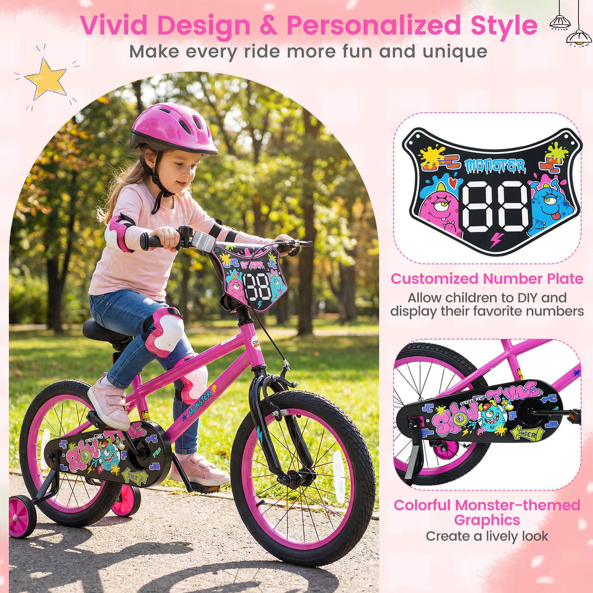 18 Inch Kids Bike with Training Wheels for Ages 4-8 Years Old Pink- Street Art Time view 5