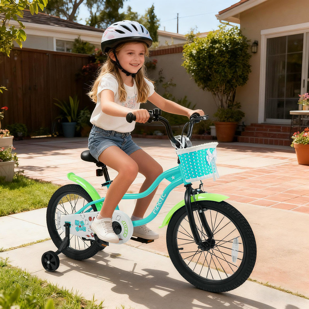 18 Inch Kids Bike with Training Wheels and Basket Green Color view 2