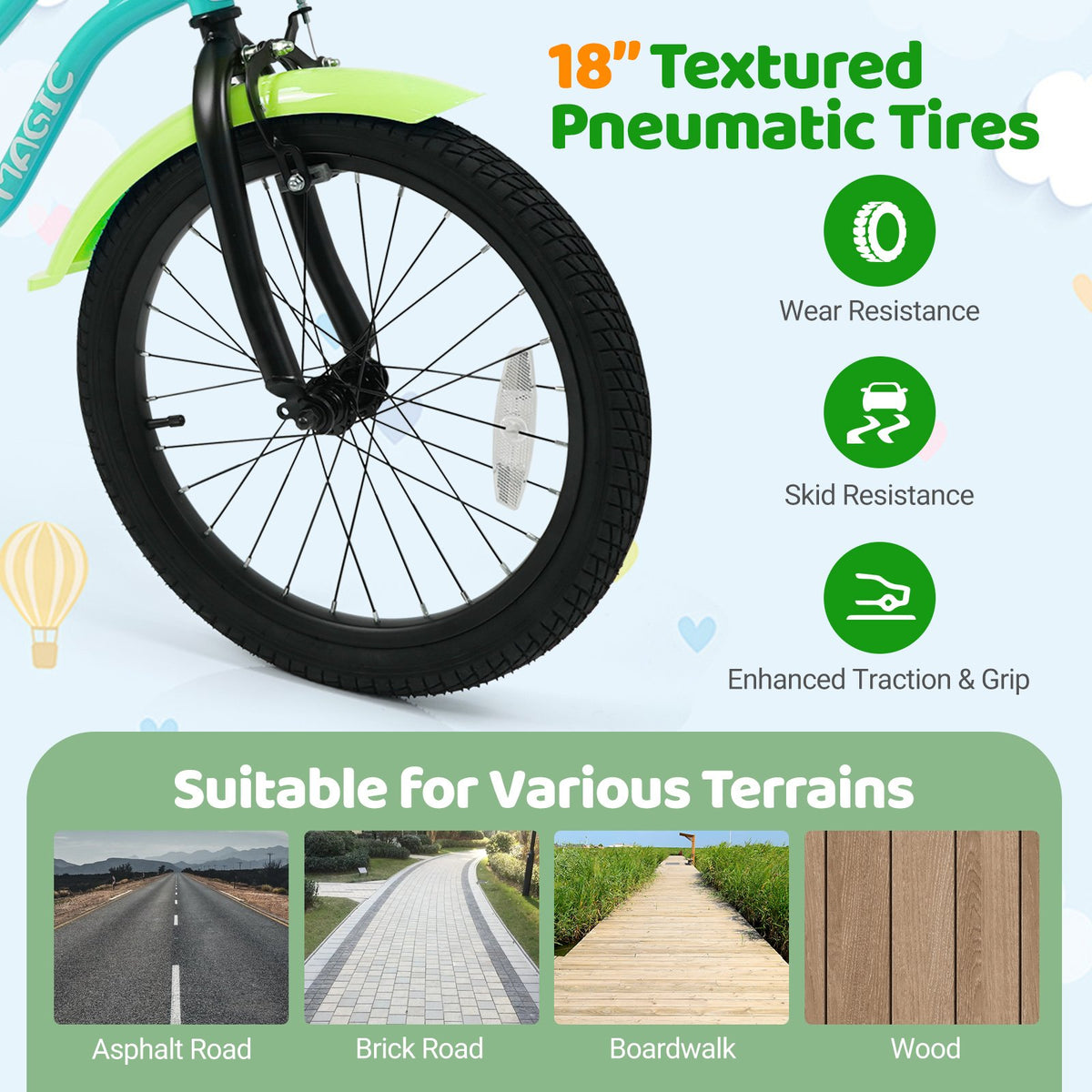 18 Inch Kids Bike with Training Wheels and Basket Green Color view 7
