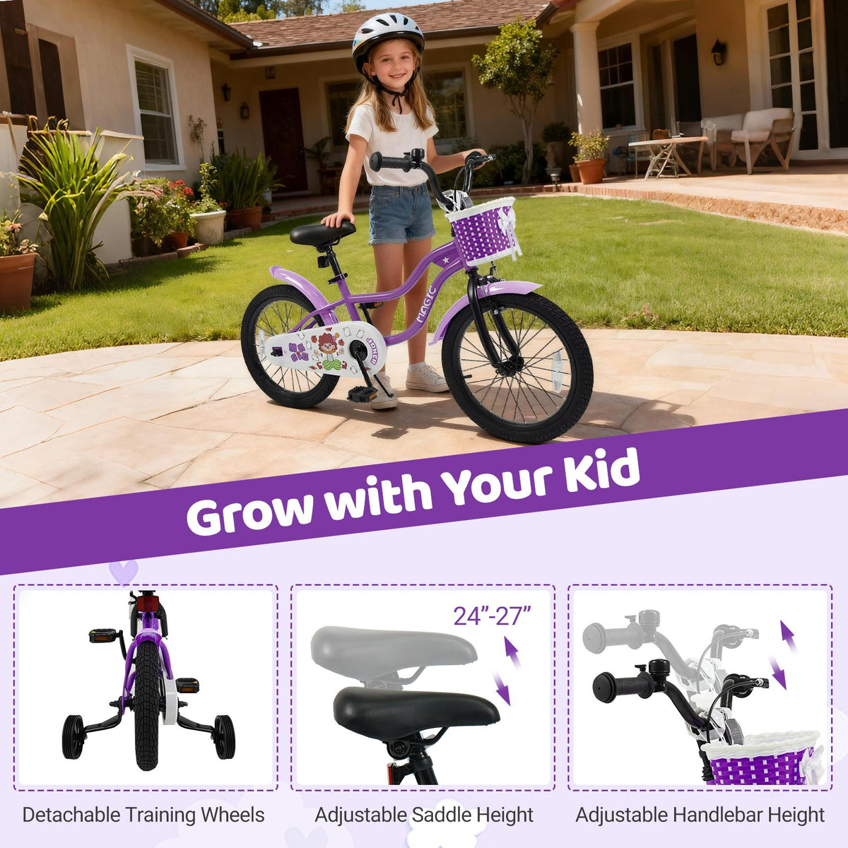 18 Inch Kids Bike with Training Wheels for Aged 3-8 Years Old - Magic Purple view 6