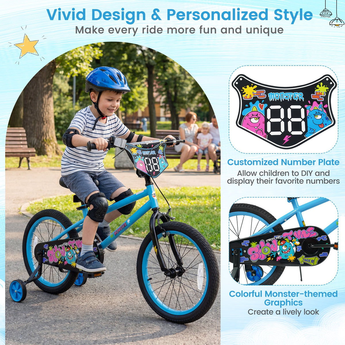 18 Inch Kids Bike with Training Wheels for Ages 4-8 Years Old Blue- Street Art Time view 6