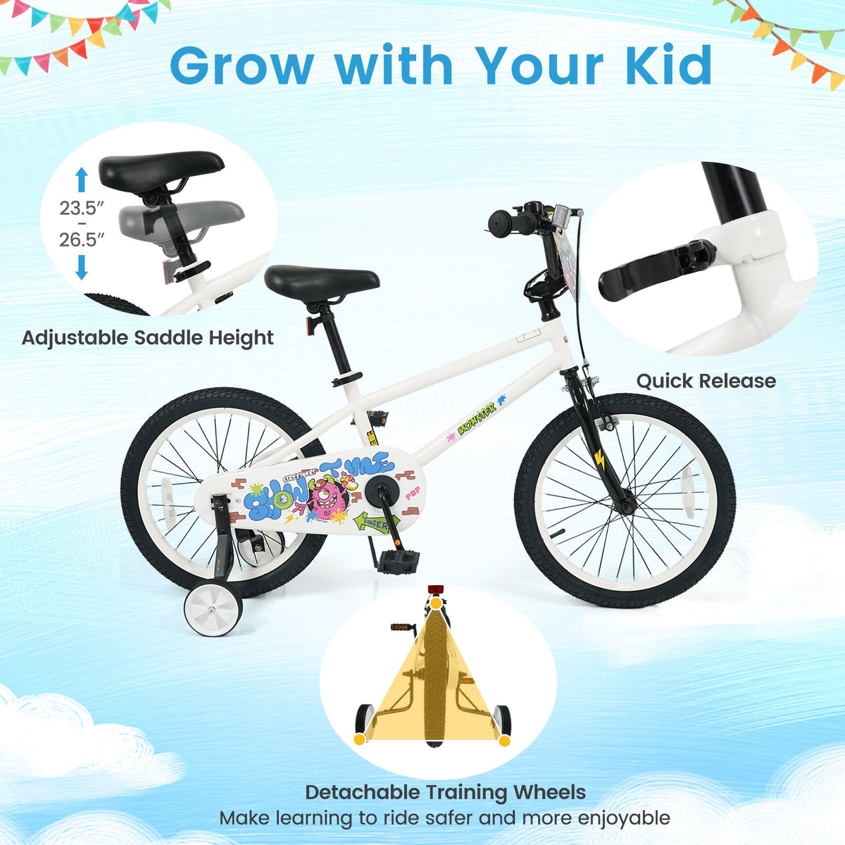 18 Inch Kids Bike with Training Wheels for Ages 4-8 Years Old White- Street Art Time view 7