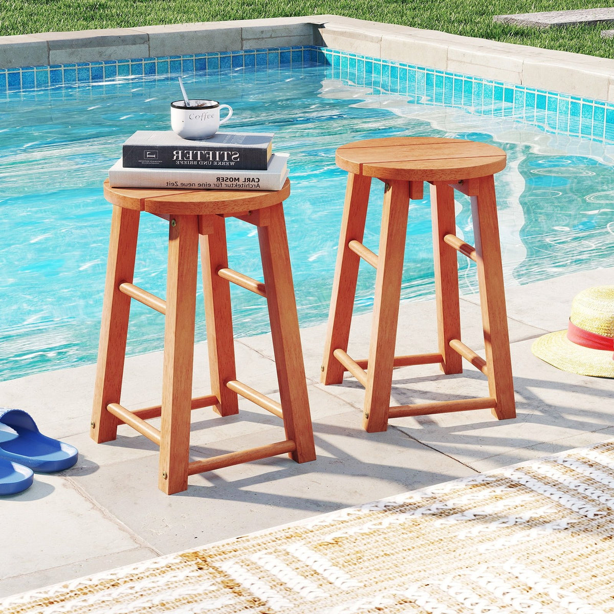 18-Inch Outdoor Wood Bar Stools Set of 2 with Round Seat and Footrest view 2