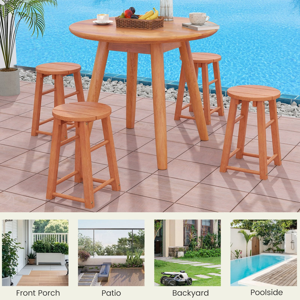 18-Inch Outdoor Wood Bar Stools Set of 2 with Round Seat and Footrest view 5