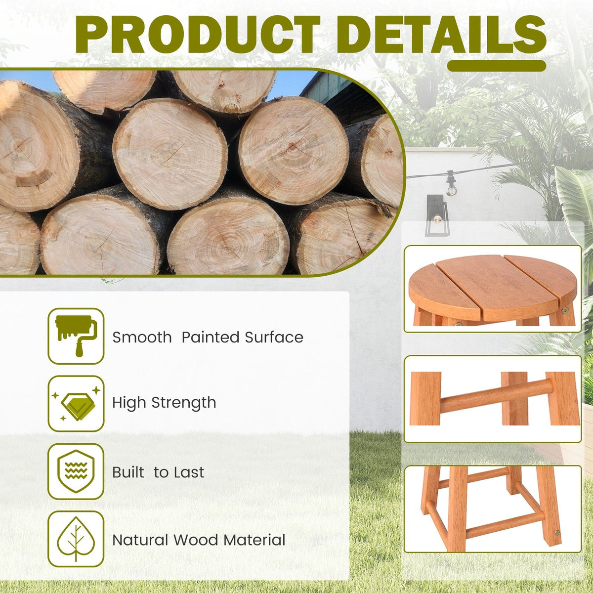 18-Inch Outdoor Wood Bar Stools Set of 2 with Round Seat and Footrest view 7