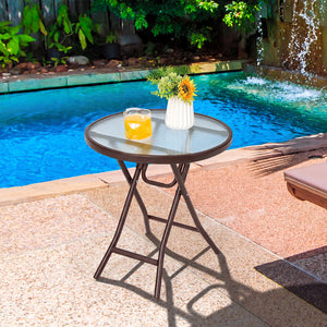 18 Inch Round Patio Side Table with Tempered Glass Top-Brown view 2