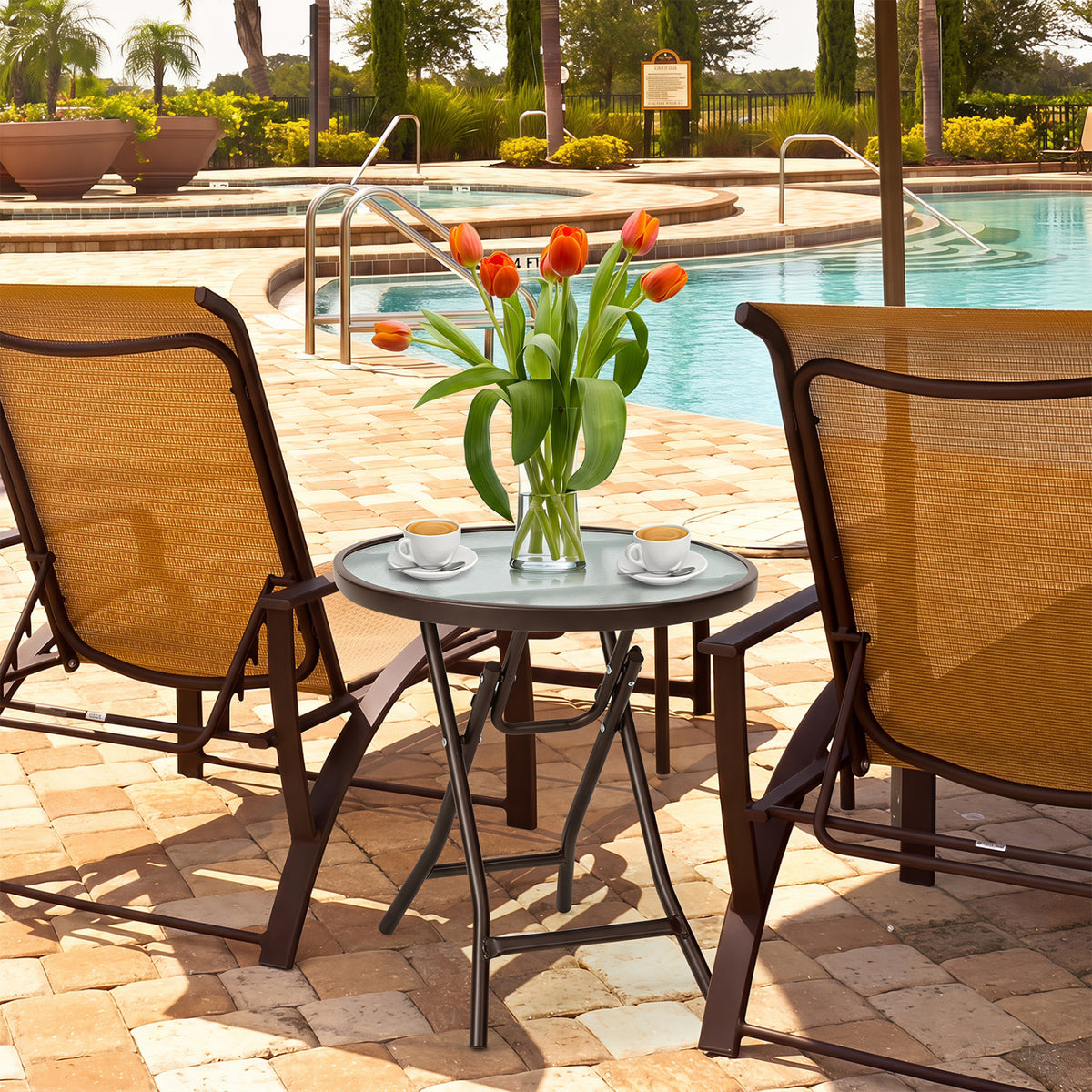18 Inch Round Patio Side Table with Tempered Glass Top-Brown view 3