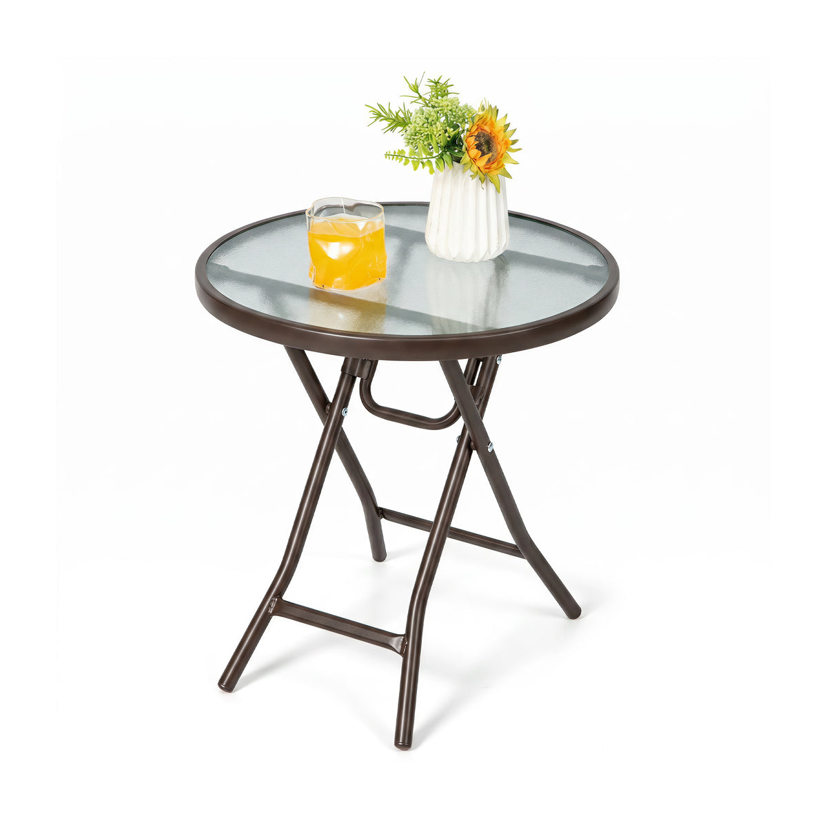 18 Inch Round Patio Side Table with Tempered Glass Top-Brown view 7