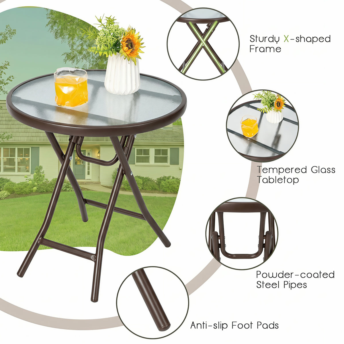 18 Inch Round Patio Side Table with Tempered Glass Top-Brown view 8