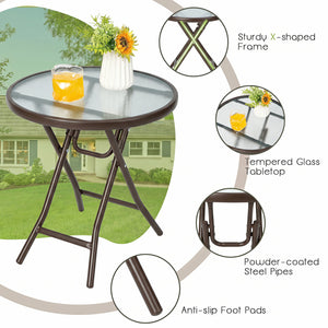 18 Inch Round Patio Side Table with Tempered Glass Top-Brown view 8