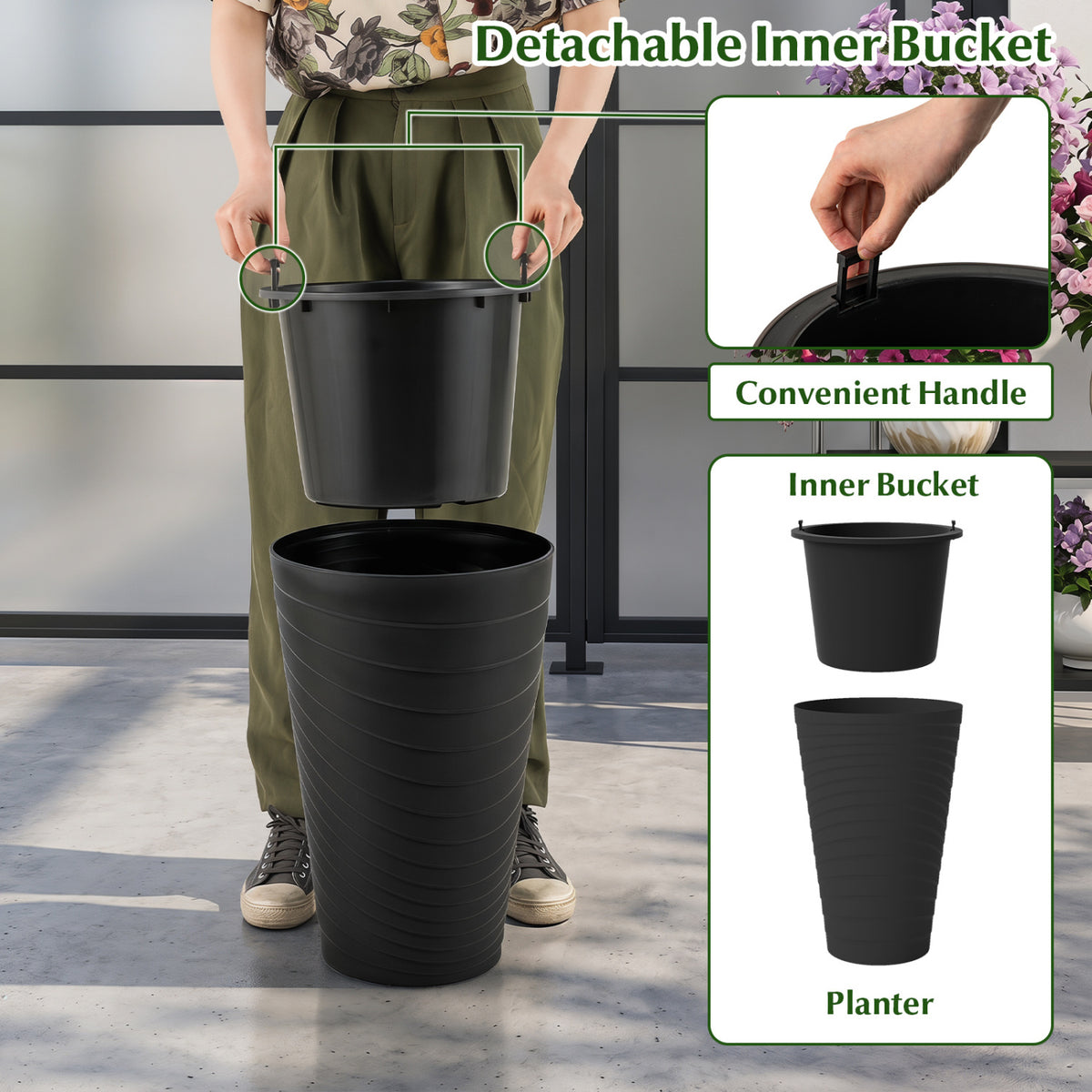 18 Inch Tall Flower Pot Set of 2 with Insert Bucket and Handle Design-Black view 8