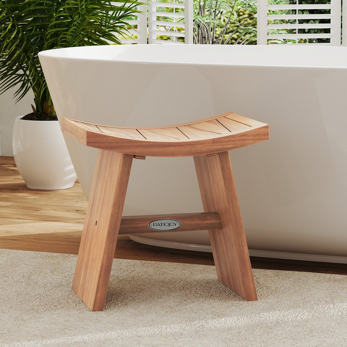 18 Inch Teak Wood Shower Bench with Curved Seat for Bathroom view 2