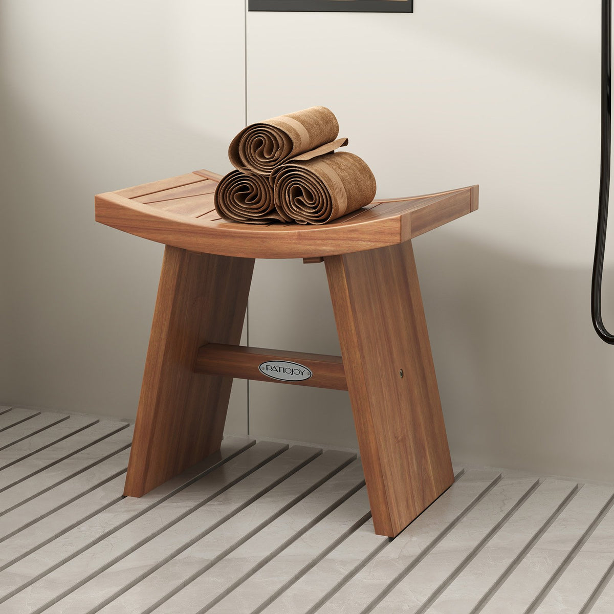 18 Inch Teak Wood Shower Bench with Curved Seat for Bathroom view 3