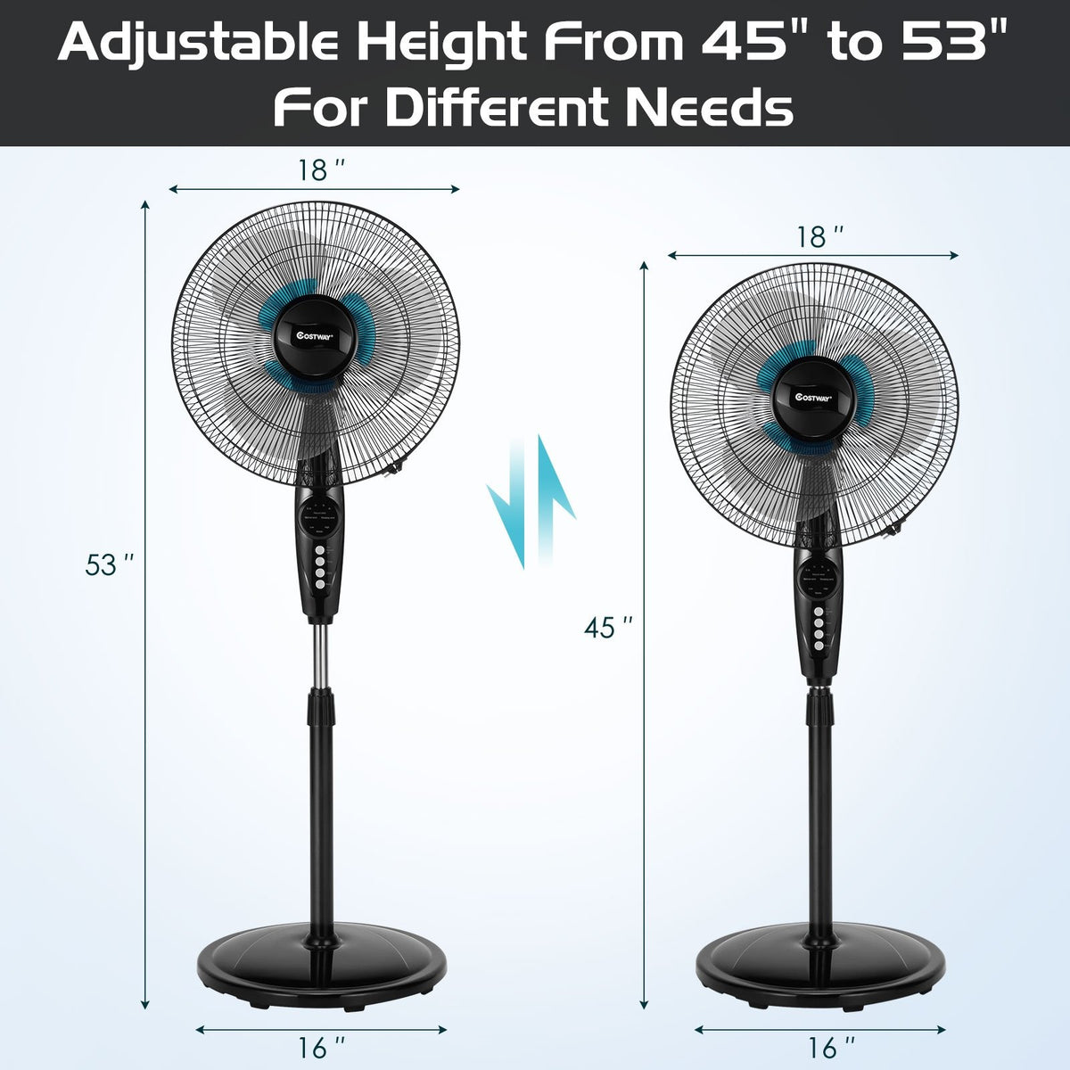 16 Inch Adjustable Height Fan with Quiet Oscillating Stand for Home and Office view 5
