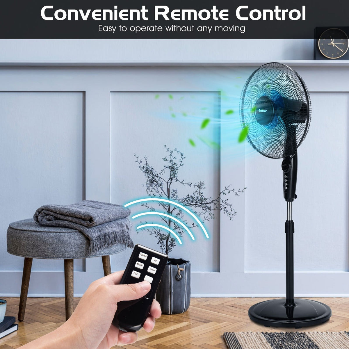 16 Inch Adjustable Height Fan with Quiet Oscillating Stand for Home and Office view 6