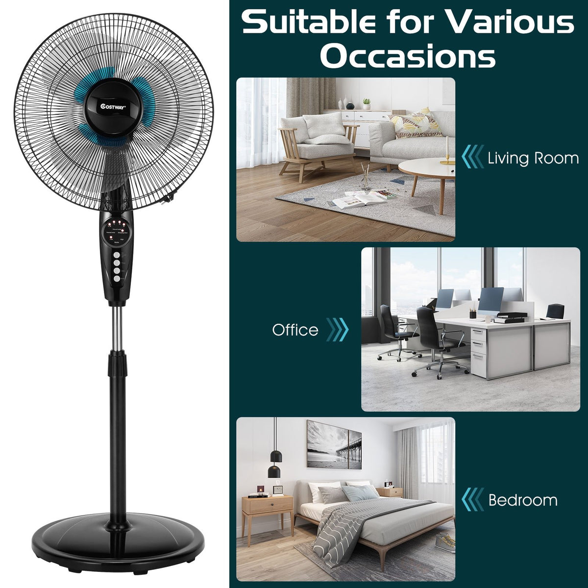16 Inch Adjustable Height Fan with Quiet Oscillating Stand for Home and Office view 7