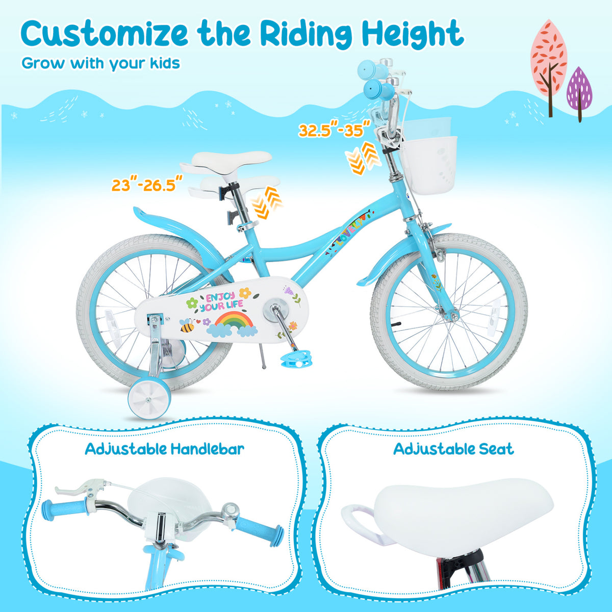 18 Inches Girls Bike for 4-8 Years Old with Basket - Spring Party Blue view 6