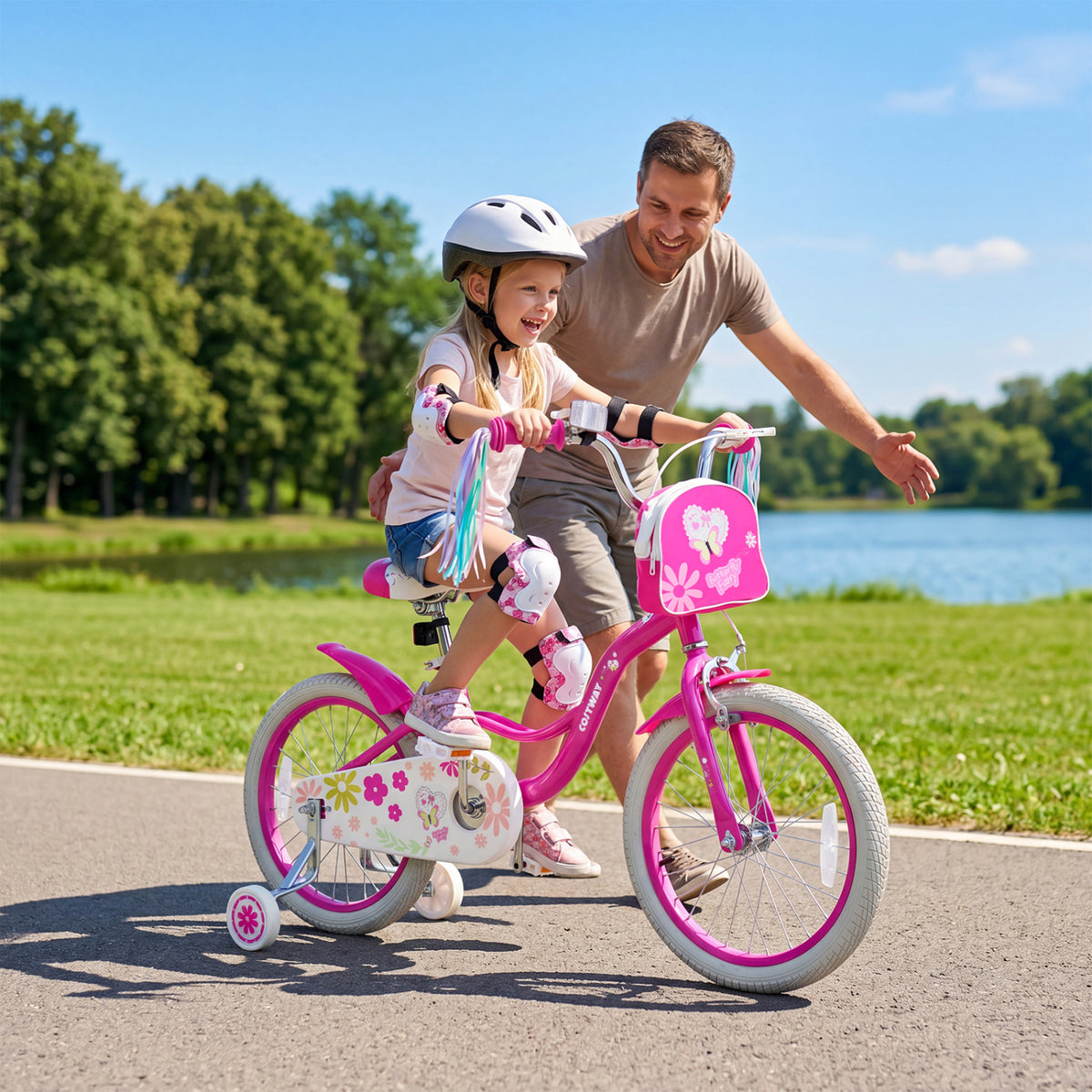 18 Inches Girls Bike with Front Bag and Streamers for 4-8 Years Pink view 2