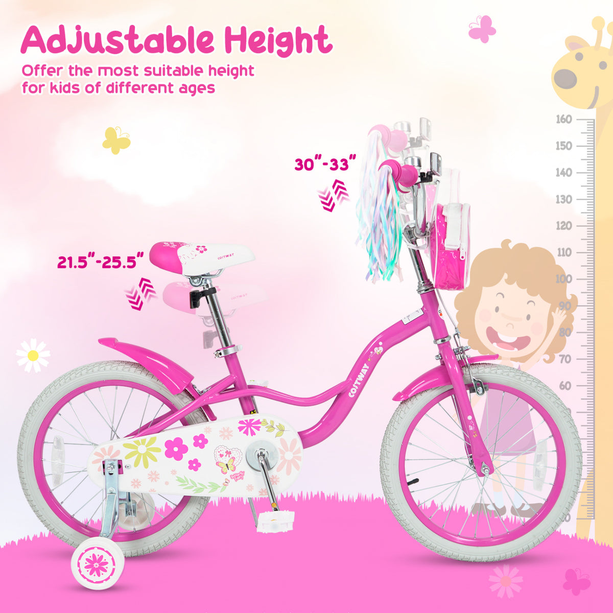 18 Inches Girls Bike with Front Bag and Streamers for 4-8 Years Pink view 6