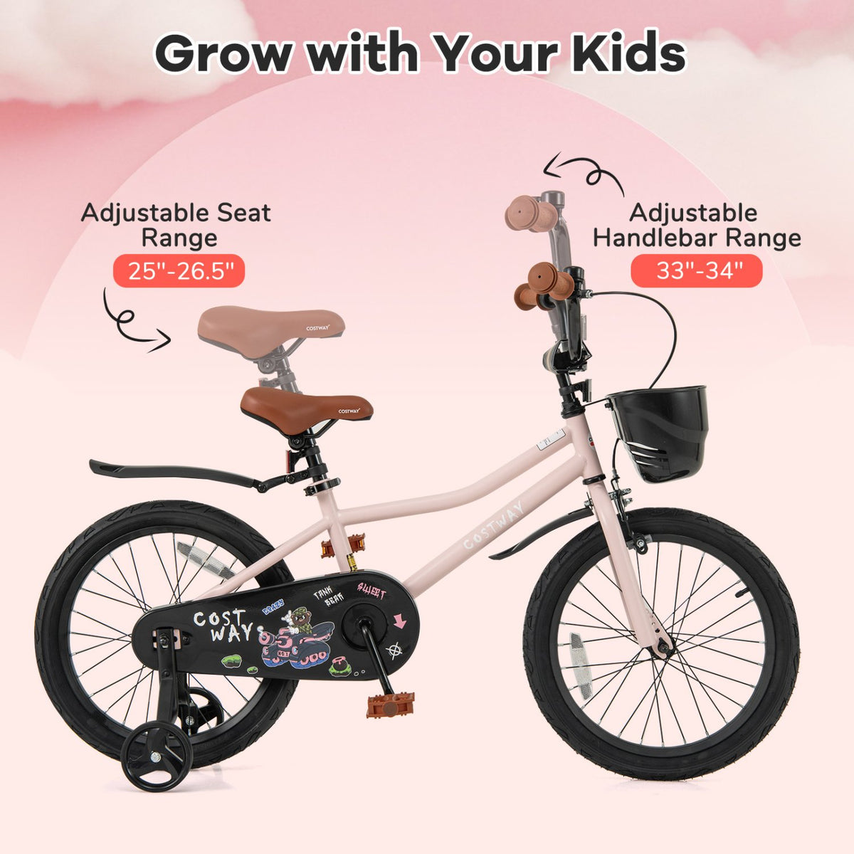 18 Inches Kids Bike with Basket and Adjustable Handlebar for 4-8 Years Old view 5
