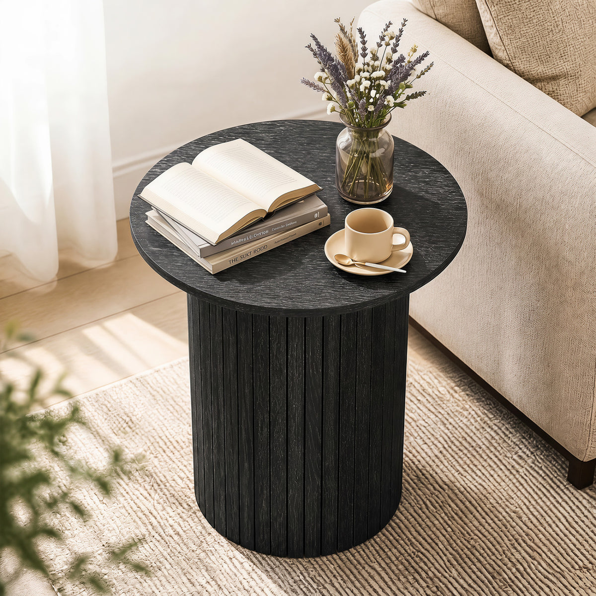 18 inches Round Fluted Side Table with Pedestal Drum Design and Non-Slip Foot Pads for Small Spaces-Black view 2