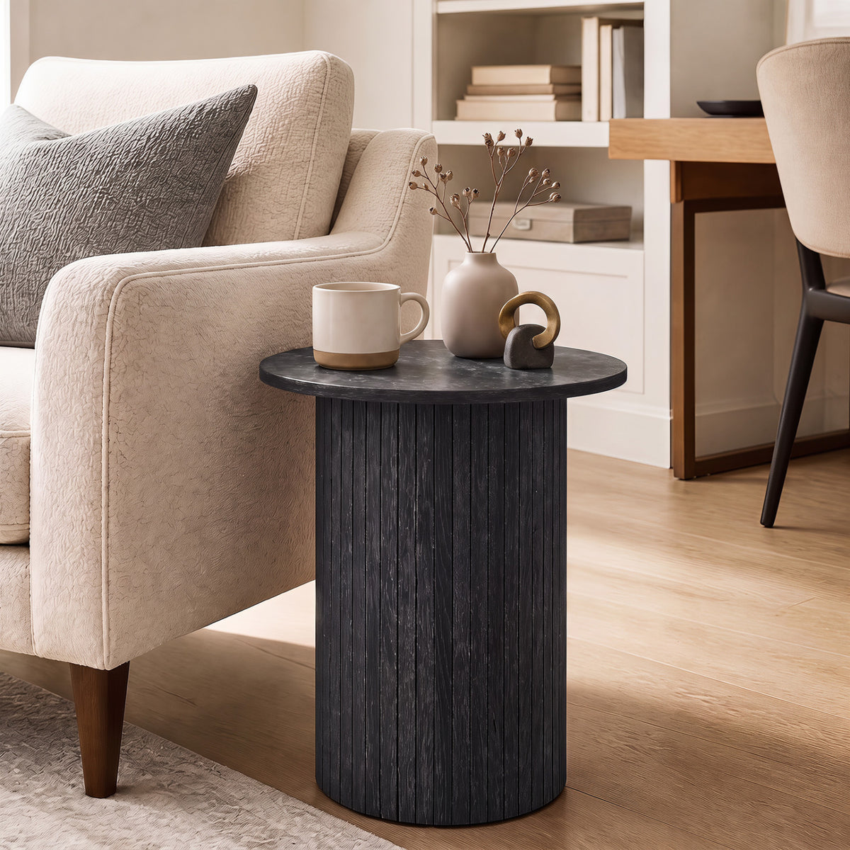 18 inches Round Fluted Side Table with Pedestal Drum Design and Non-Slip Foot Pads for Small Spaces-Black view 3
