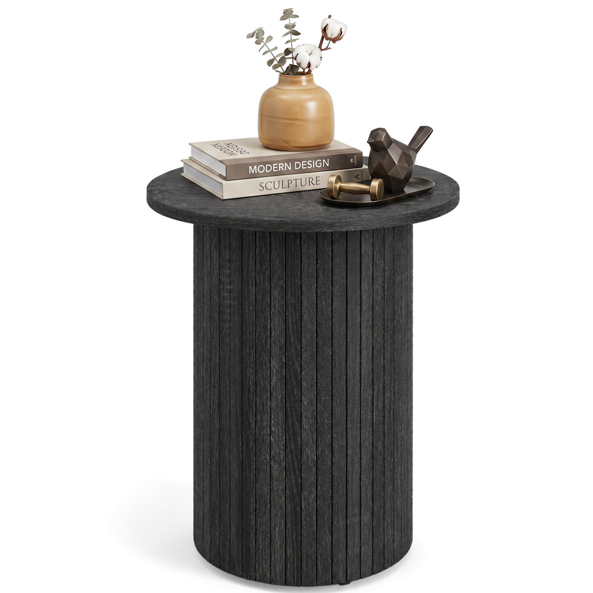 18 inches Round Fluted Side Table with Pedestal Drum Design and Non-Slip Foot Pads for Small Spaces-Black view 4