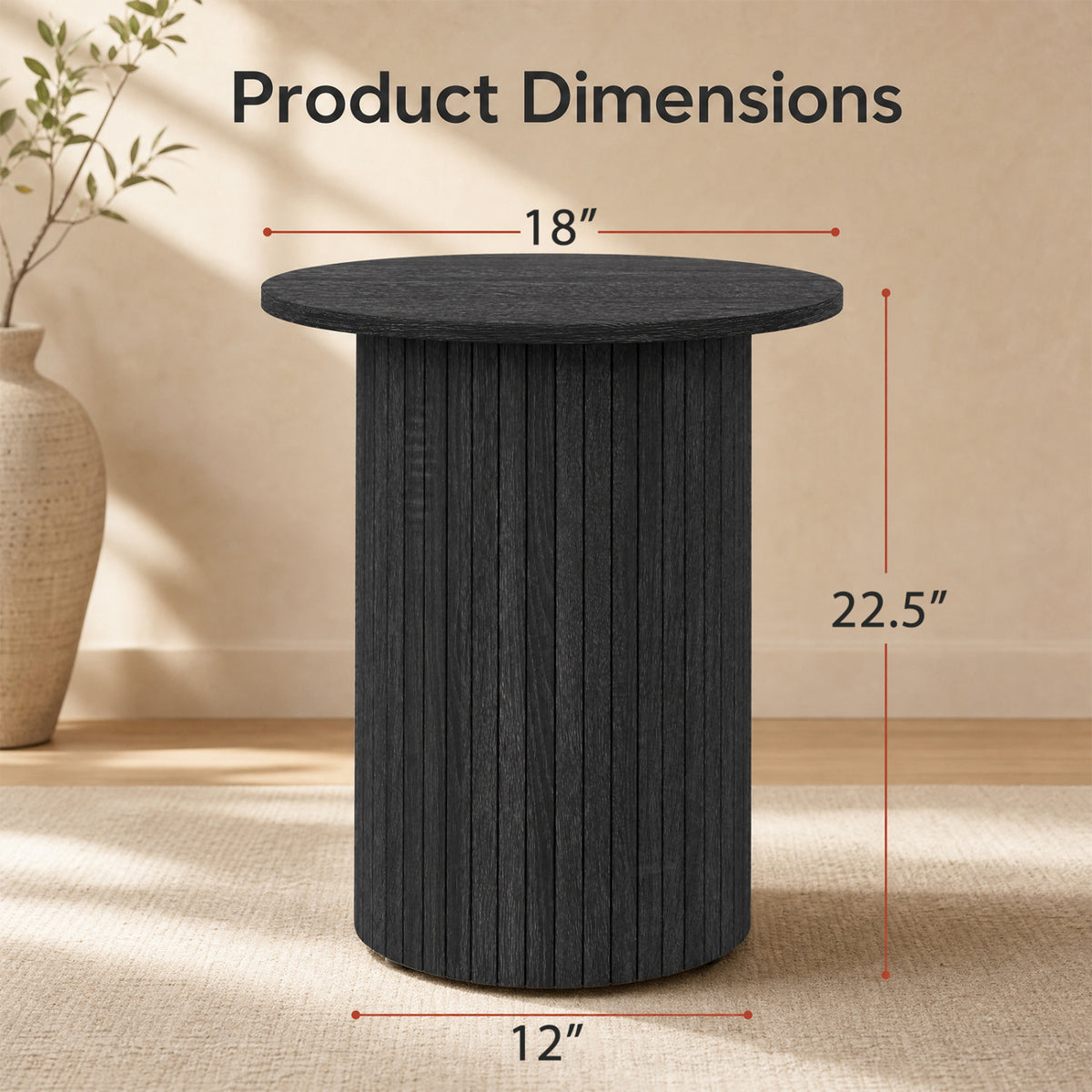 18 inches Round Fluted Side Table with Pedestal Drum Design and Non-Slip Foot Pads for Small Spaces-Black view 5