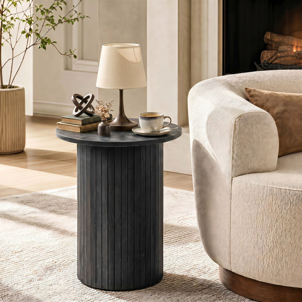 18 inches Round Fluted Side Table with Pedestal Drum Design and Non-Slip Foot Pads for Small Spaces-Black view 6